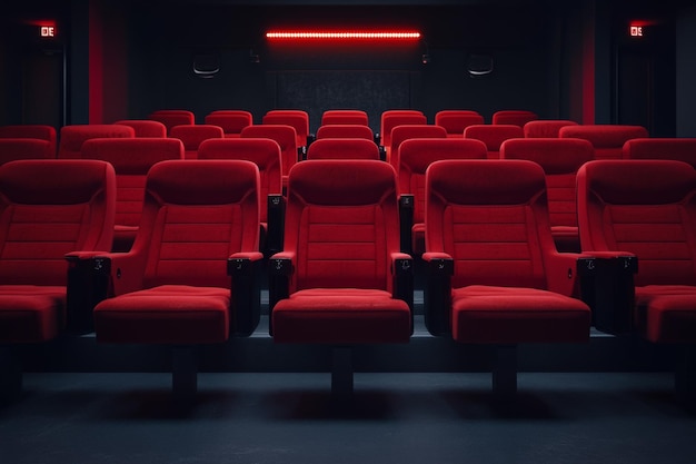 Photo auditorium with neatly arranged red seats and a dimly lit background