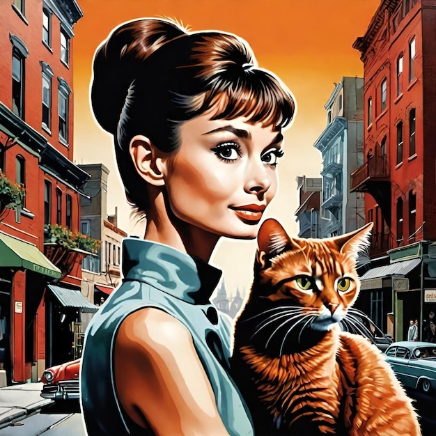 Audrey Hepburn with a ginger cat illustration