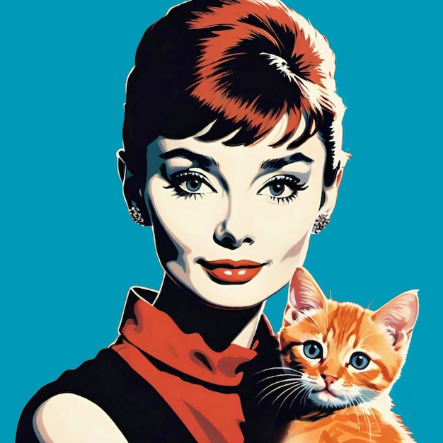 Photo audrey hepburn with a ginger kitten