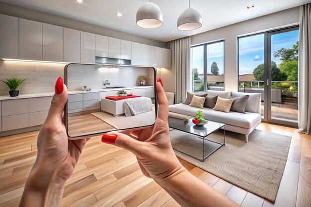 Augmented Reality Bedroom Woman Taking Picture with Smartphone 3D Rendered Photorealism