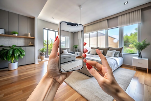 Augmented Reality Bedroom Woman Taking Picture with Smartphone 3D Rendered Photorealism