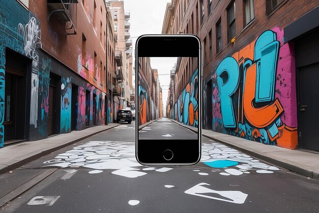 Photo augmented reality street art in an urban setting with dynamic overlays mockup