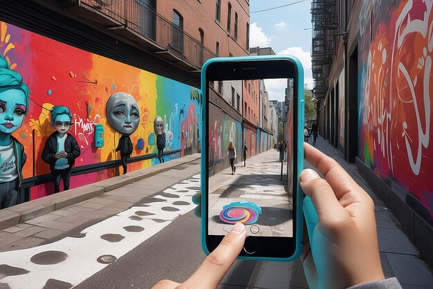 Photo augmented reality street art in an urban setting with dynamic overlays and usergenerated content mockup