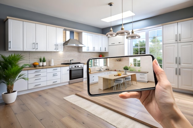 Augmented Reality Visualization Person Taking Kitchen Picture with Phone and Bedroom in Background