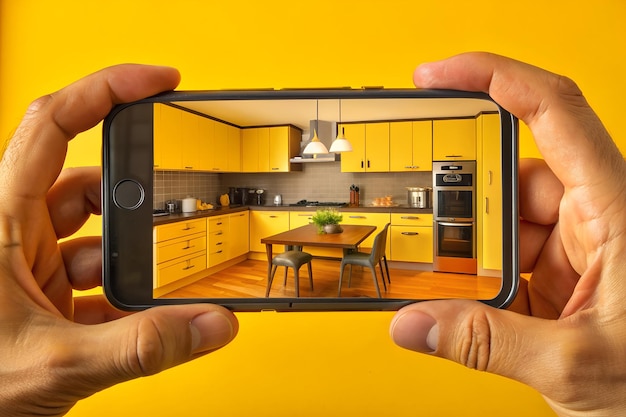 Augmented Reality Visualization Person Taking Kitchen Picture with Phone and Bedroom in Background