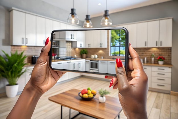 Augmented Reality Visualization Woman Taking Kitchen Picture with Phone 3D Photorealistic Render