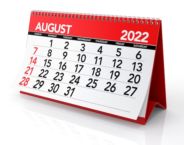 August 2022 Calendar. Isolated on White Background. 3D Illustration