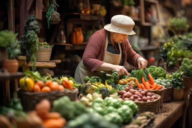 Aunt chooses fresh vegetables in the vegetable market