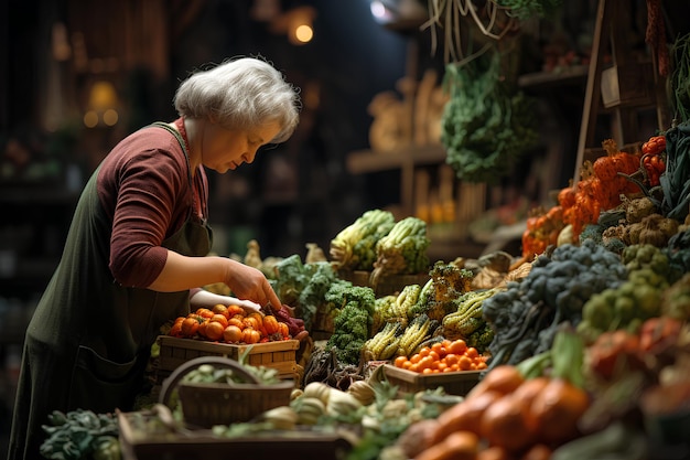 Aunt chooses fresh vegetables in the vegetable market