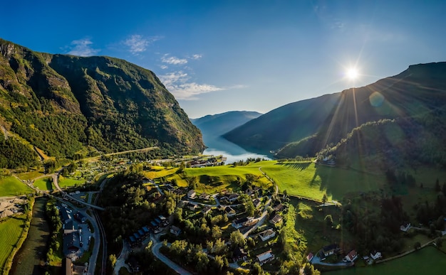 Aurlandsfjord Town Of Flam at dawn. Beautiful Nature Norway natural landscape.