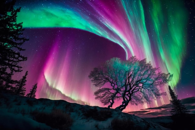 The aurora bore lights up the sky above tree Generative AI