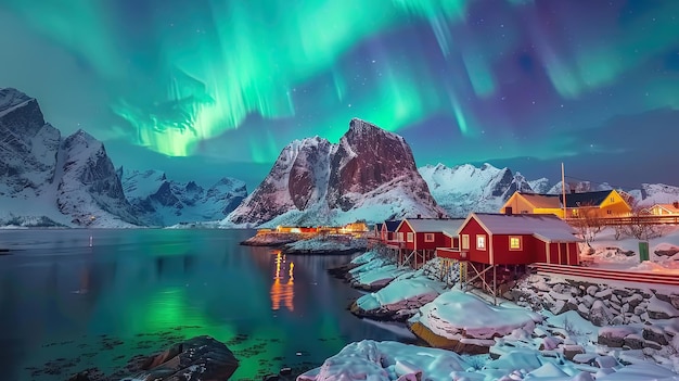 Photo aurora borealis dancing over hamnoy in norway stunning and ethereal lights in night sky