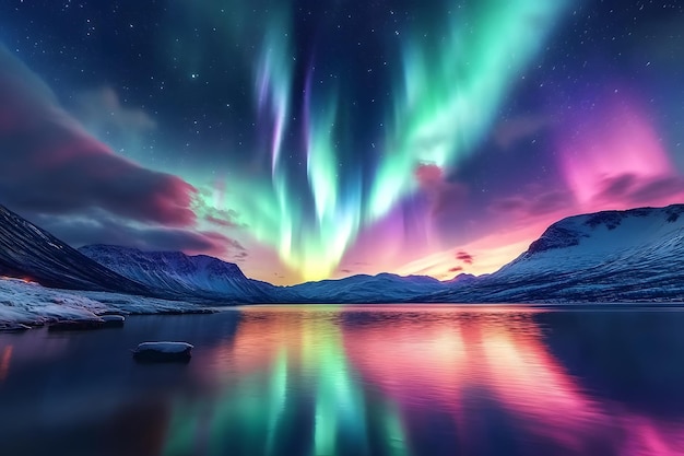 Photo aurora borealis display over a tranquil lake