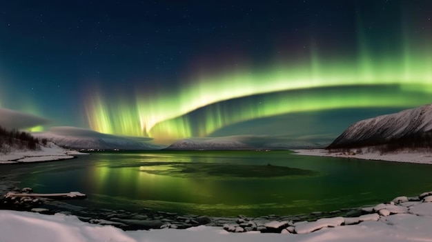 Aurora Borealis over fjord in winter Iceland Generative AI