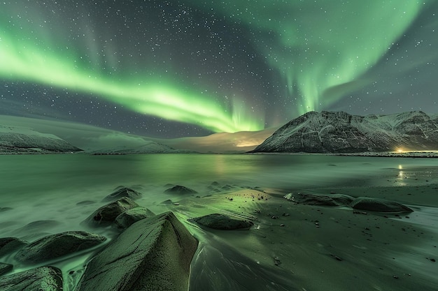 Aurora borealis illuminating the night sky above snowcovered mountains and a tranquil beach