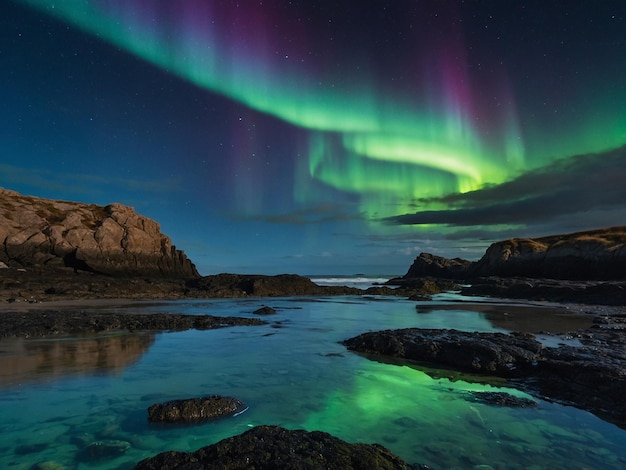 the aurora borealis is visible over a rocky beach