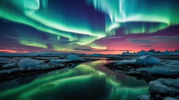 Aurora borealis over Jokulsarlon Iceland Generative AI