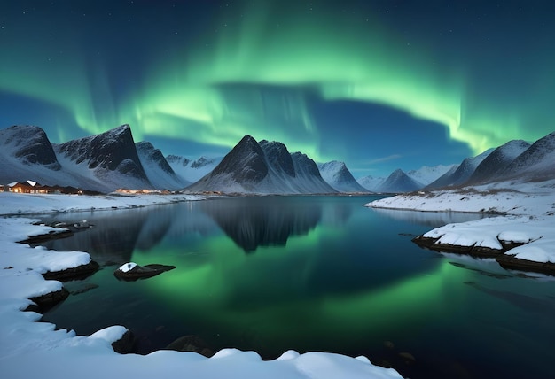 Photo aurora borealis on the lofoten islands norway night sky with polar lights night winter landscape with aurora and reflection on the water surface