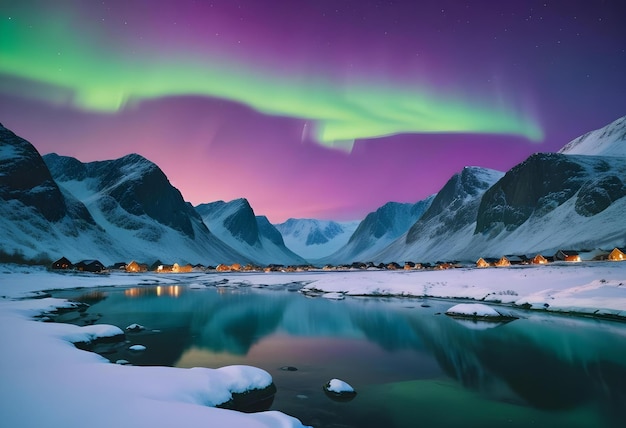 Photo aurora borealis on the lofoten islands norway night sky with polar lights night winter landscape with aurora and reflection on the water surface