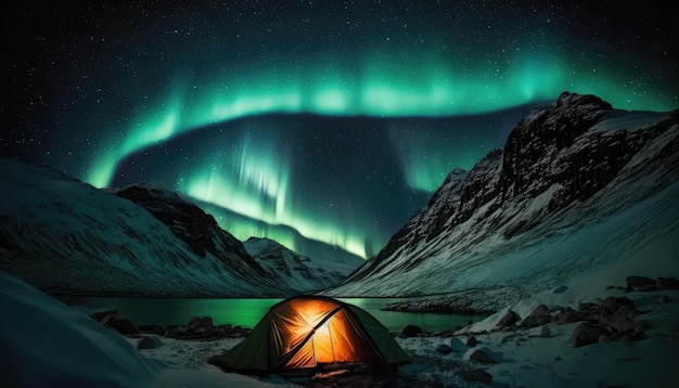 Aurora borealis in the night sky and tenting in the north generated ai