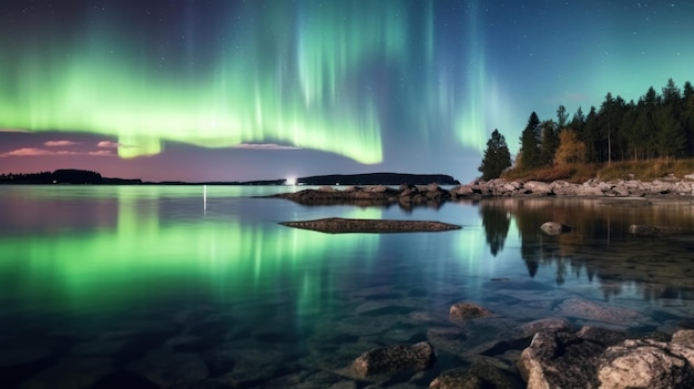 Aurora borealis northern lights over lake Long exposure Generative AI