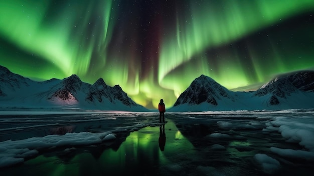 Aurora borealis northern lights over snowy mountains in Iceland Generative AI