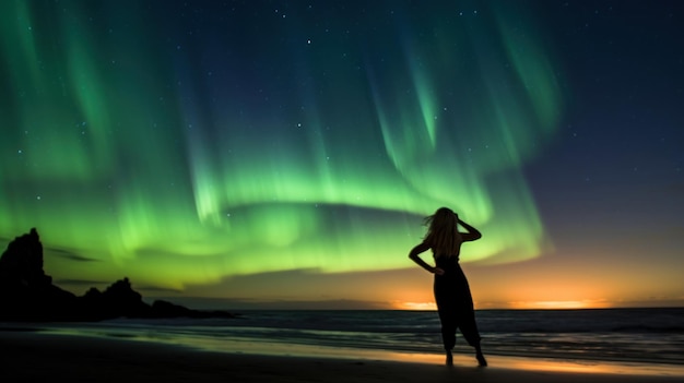 Aurora borealis northern lights over woman on the beach Generative AI