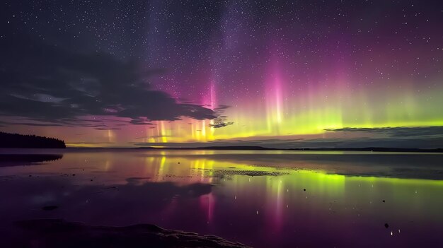 Photo aurora borealis reflecting on a still lake