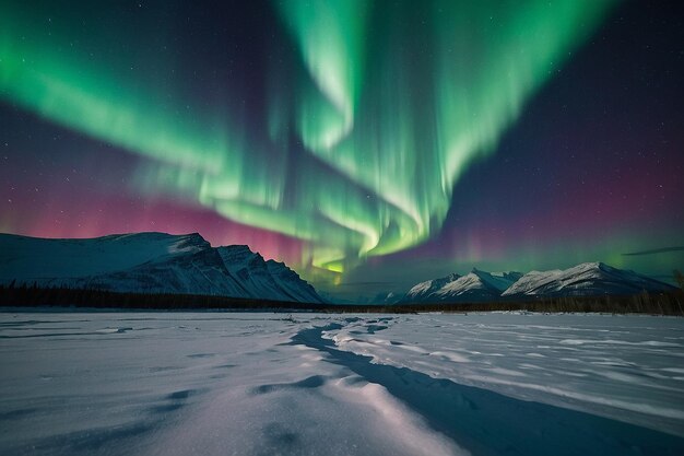 Photo aurora borealis over a serene snowy landscape