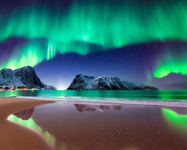 Photo aurora borealis over snowy mountains frozen sea coast and reflection in water