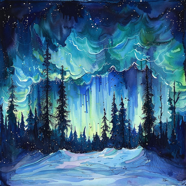 Aurora Borealis Over Tranquil Forest Lake