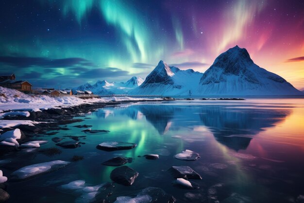 Photo aurora breathtaking northern lights over snowcapped mountains and serene arctic lake