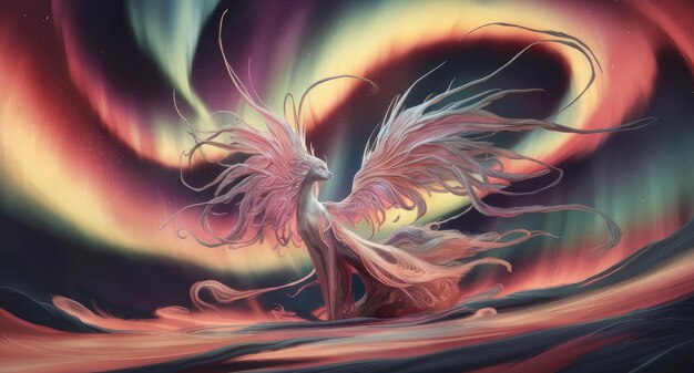 The aurora painting the sky with vibrant and warm colors and its wings spread wide