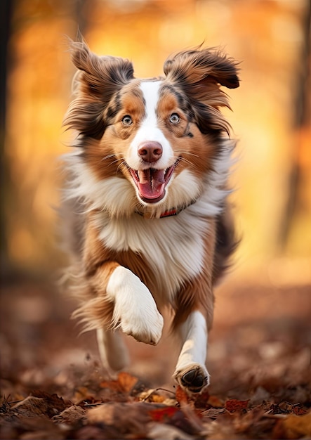 Austraian shepherd jumping in nature forest Dog jump or fly in sunshine background