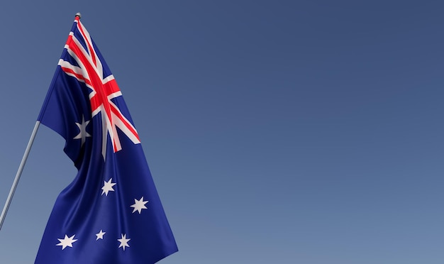 Australia flag on flagpole on blue background Place for text The flag is unfurling in wind Canberra Sydney Oceania 3D illustration