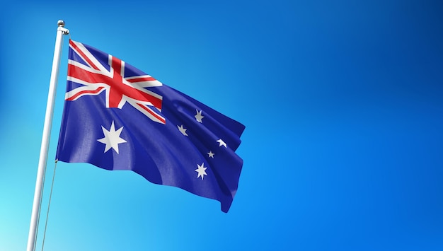 Australian Flag Flying on Blue Sky Background 3D Render