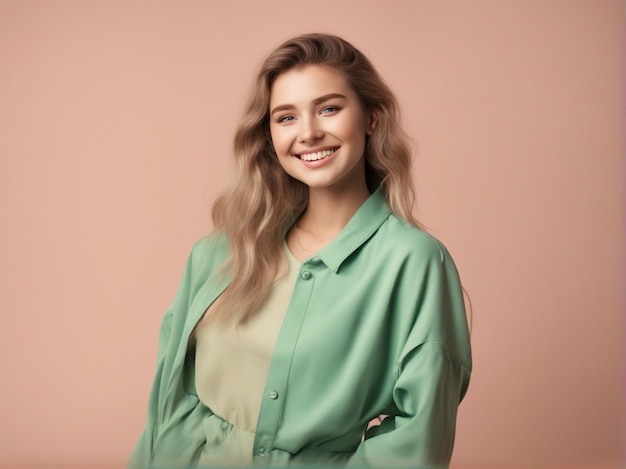 A australian girl wearing trendy pantone green color clothes and round hat