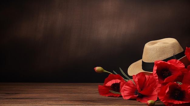 Australian hat and red poppy Anzac day background with copy space