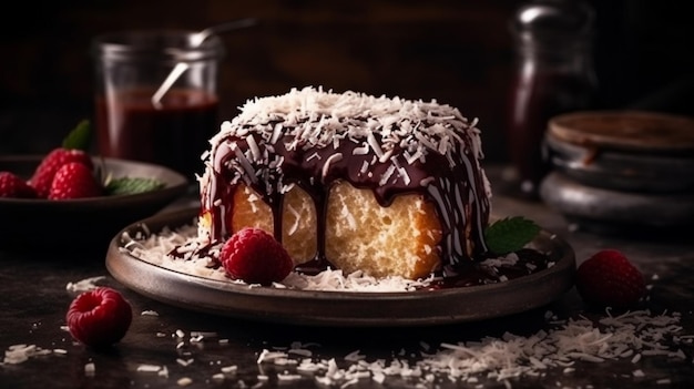 Australian lamington cake with raspberry jam and chocolate sauce sprinkled with coconut flakes