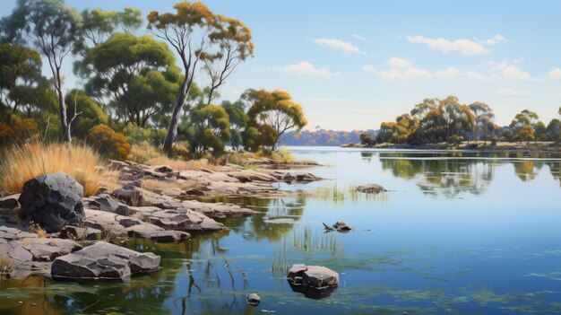 Photo australian landscape painting hyperrealistic wildlife portraits and calm waters