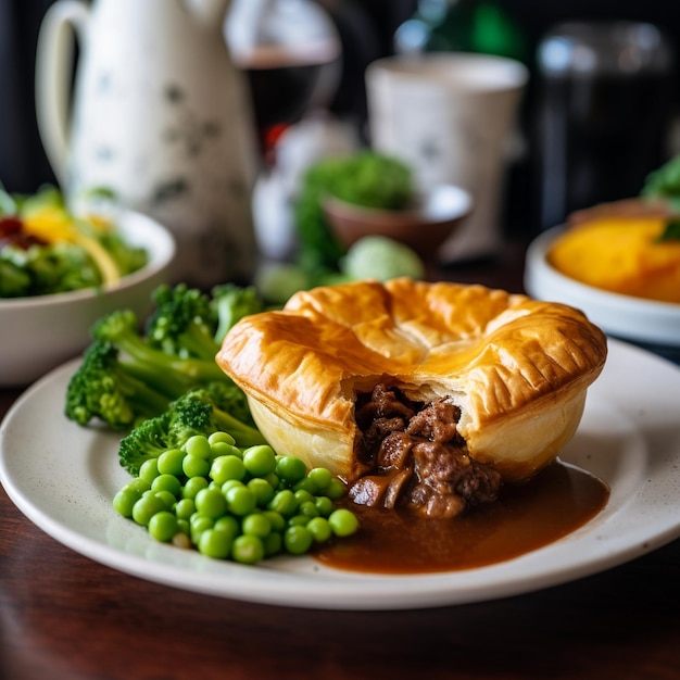 Australian meat pie with mushy peas and coffee in a cozy caf