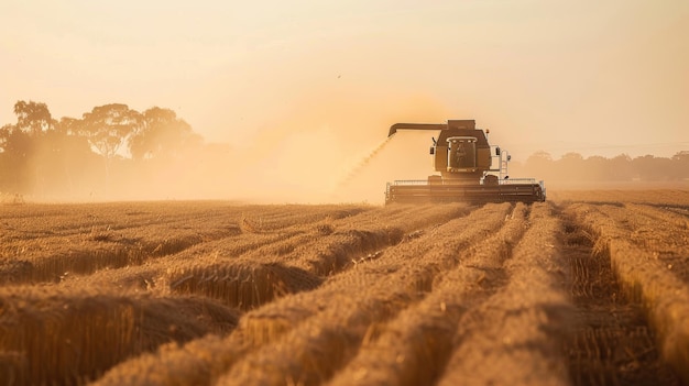 Australian Outback Grain Harvest with Dusty Conditions and Rugged Machinery at Sunset