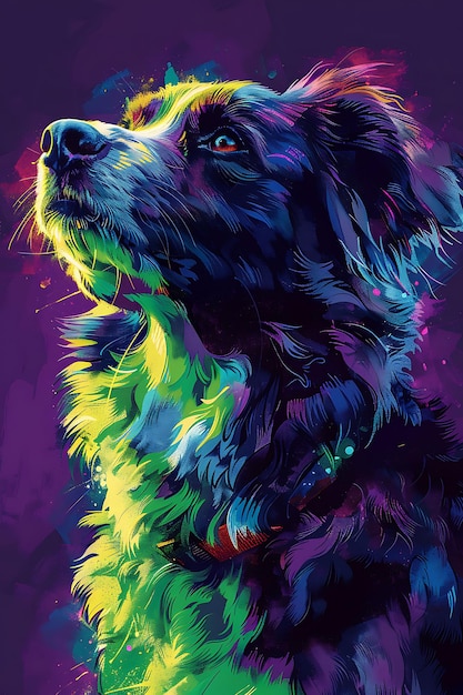 Australian Shepherd in an Alert Pose Wearing a Neon Lit Harn Creative Animal Background Collage Art