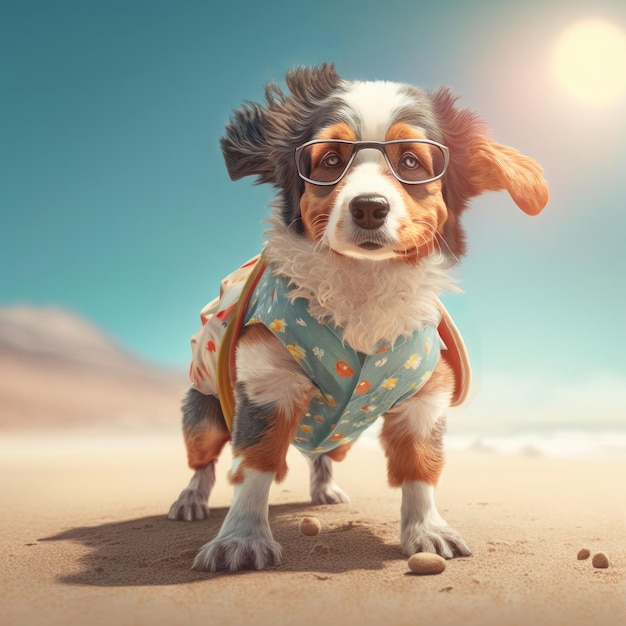 Australian shepherd dog in beach summer attire Summer dog australian shepherd wearing fashionable