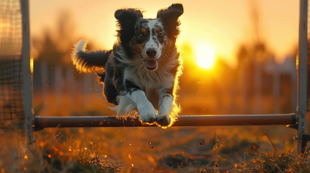 Australian Shepherd Dog Jumping Over Obstacle at Sunset