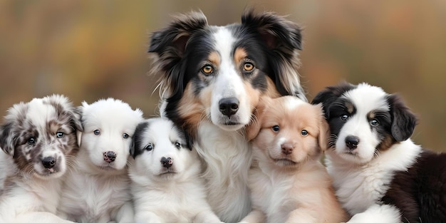 Australian Shepherd mother dog posing with her puppies all looking at camera Concept Dog Photography Motherhood Moments Puppy Love Cute Canines Family Portraits