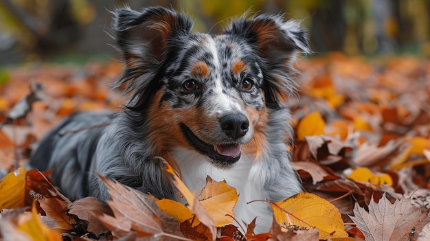 Australian Shepherd Playing in Autumn Leaves