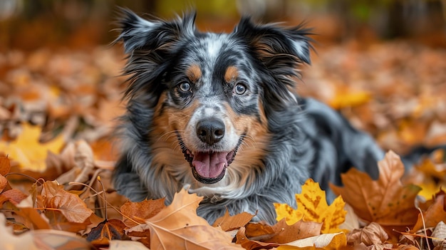 Australian Shepherd Playing in Autumn Leaves