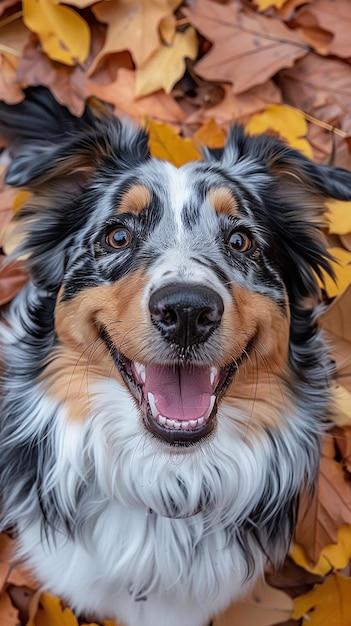 Australian Shepherd Playing in Autumn Leaves