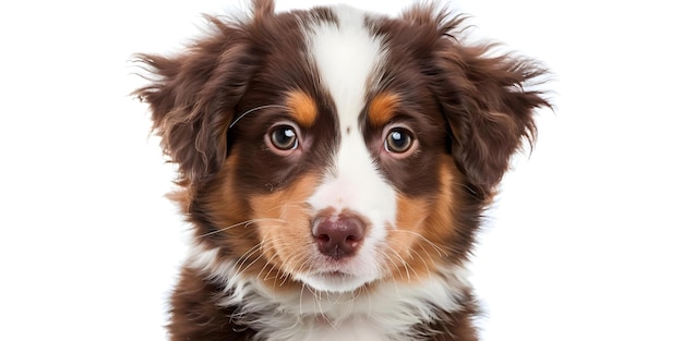 Australian Shepherd puppy isolated on white background in front view Adorable image of a young Australian Shepherd pup without distractions Concept Dog Photography Puppy Portraits